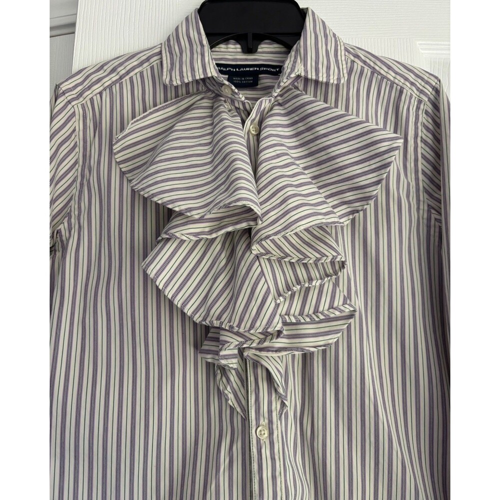 Beautiful RALPH LAUREN Sport Purple Green White Striped Tailored Ruffle Shirt 6